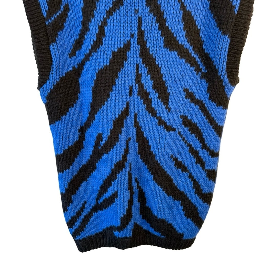 Blue and Black Handknit Zebra Cardigan Sweater Size L XL Y2K Chunky Oversized