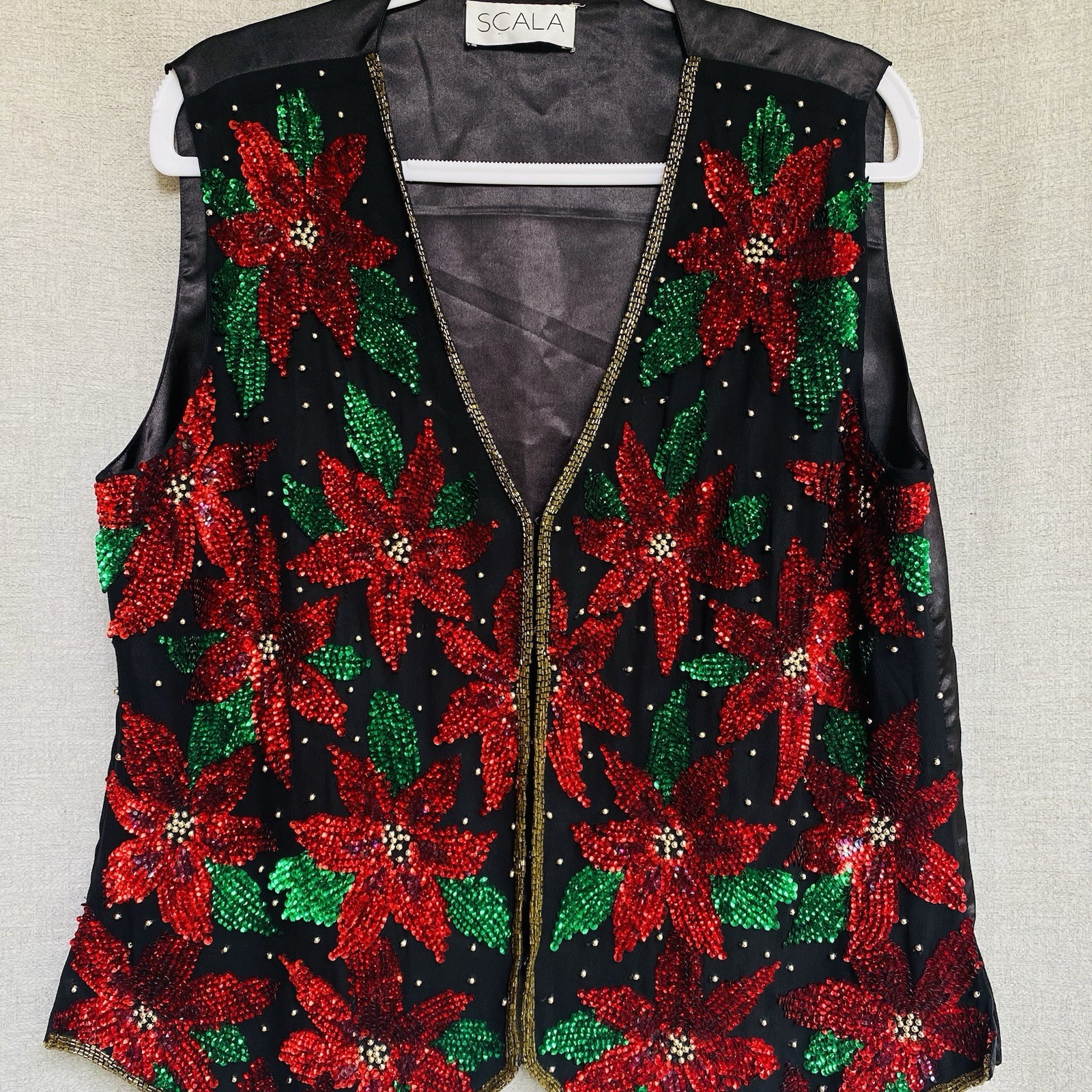 SCALA Vest Black Red Beaded Sequin Poinsettia Festive Core Christmas Holiday VTG