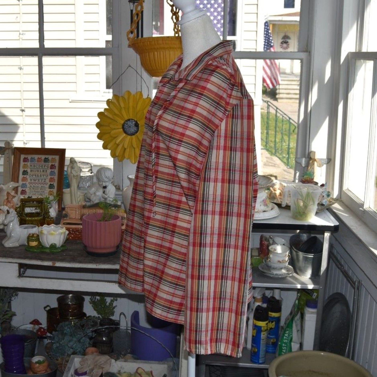 Vintage 80s Plaid Peasant Blouse XL XXL Tie Neck Boho Cottagecore Shirt