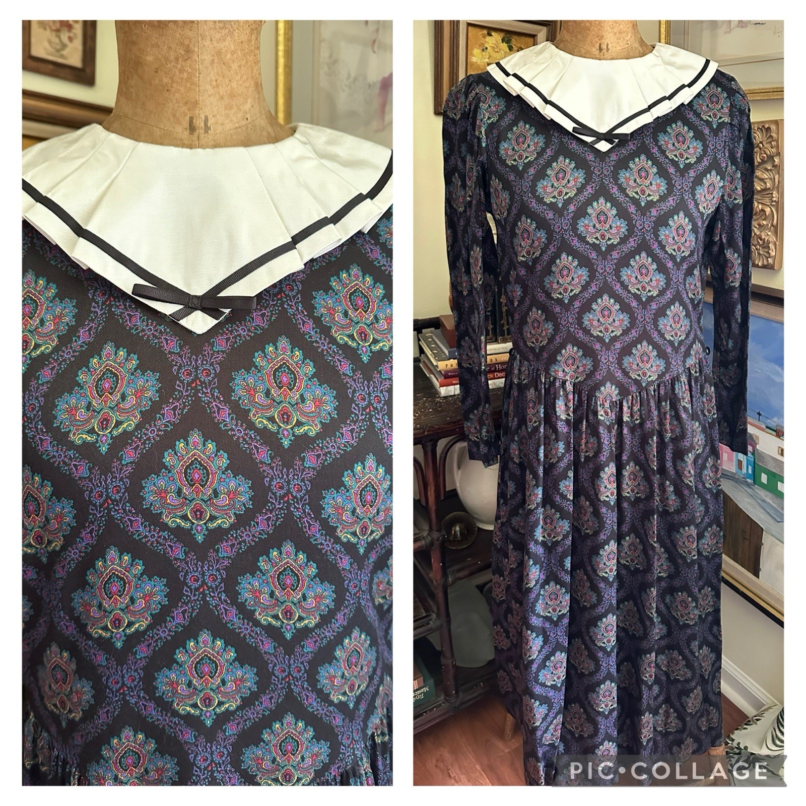 VTG 80s Misty Lane Dress Dark Academia Collared Sz 11/12 Union Made in USA