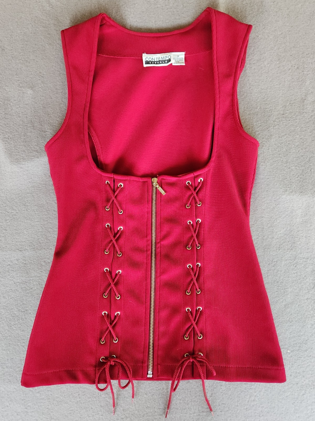 Vtg 90s Contempo Casuals Red Corset Lace Up Zip Front Ribbed Top Vest Womens M