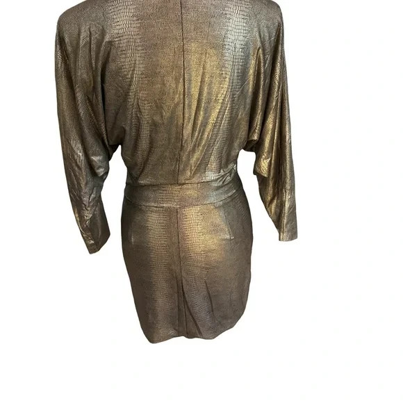 Vintage 90s BEBE Gold METALLIC Mini Dress Small S Batwing Cocktail Party Disco