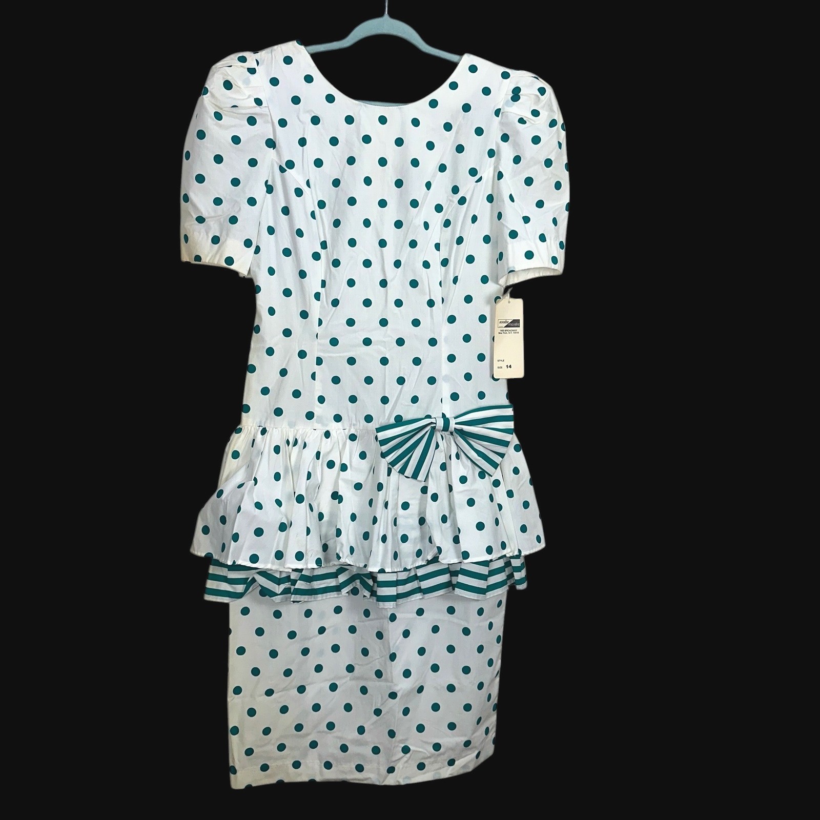 Sunshine Starshine Vintage 80s Polka Dot Peplum Dress Teal White Bow Size 14 NWT