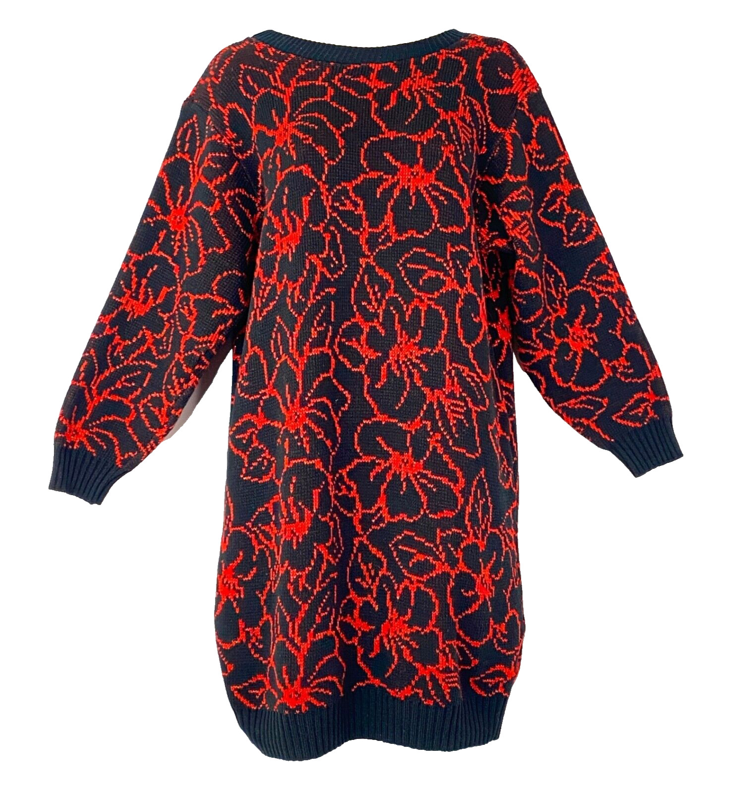 Vintage 1980s black red sweater dress, metallic glam floral oversized acrylic M