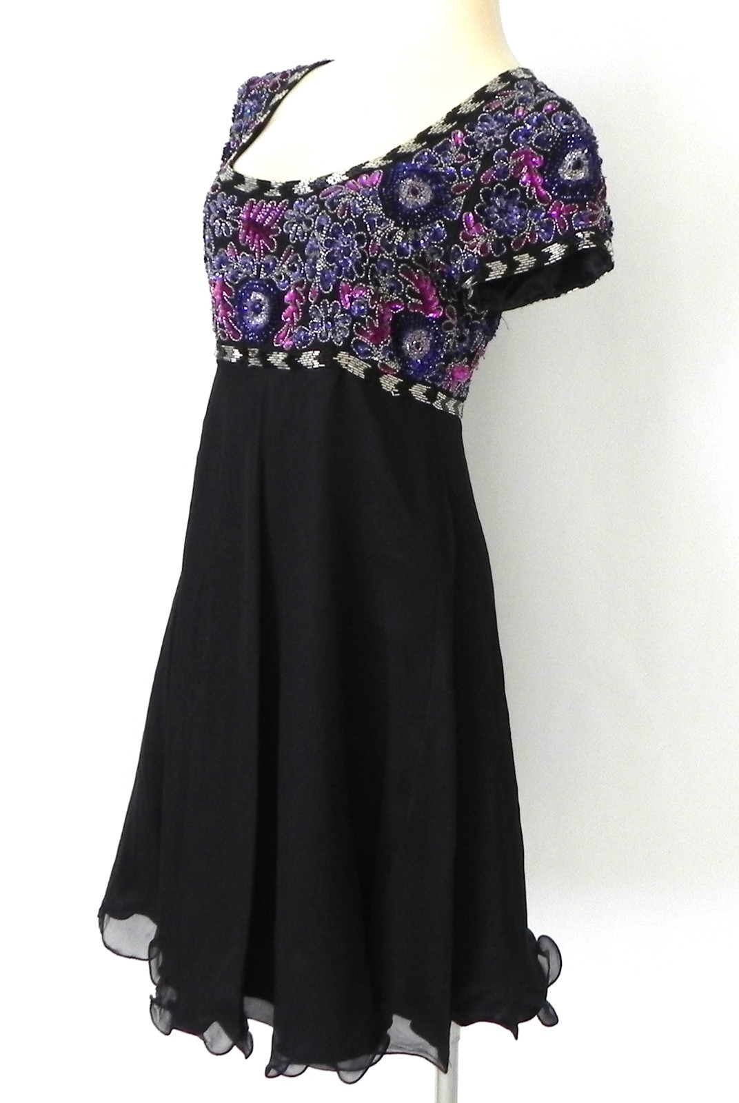 Vtg Night Vogue Dress Sequin Top/Swing Mini Skirt Empire Waist 100% Silk Size PS