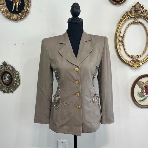 Sooooo Crazy by Rina Rossi Lace Up Side Blazer Sz Small Tan Gold Button Vintage