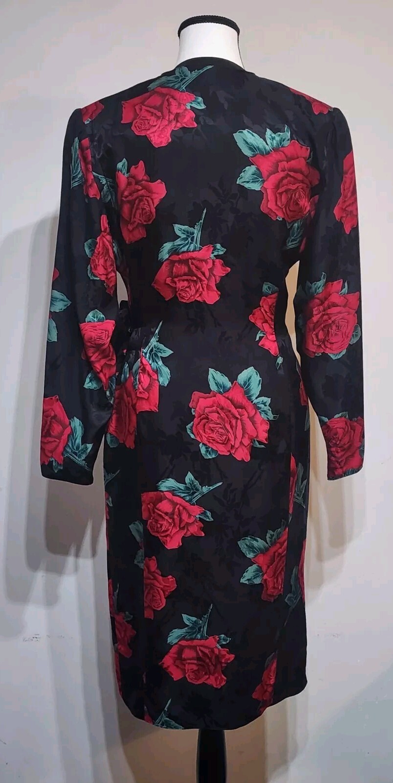 Vintage 1980s PIA RUCCI Wrap Dress Size 8 100% Silk Black Floral Rose Print