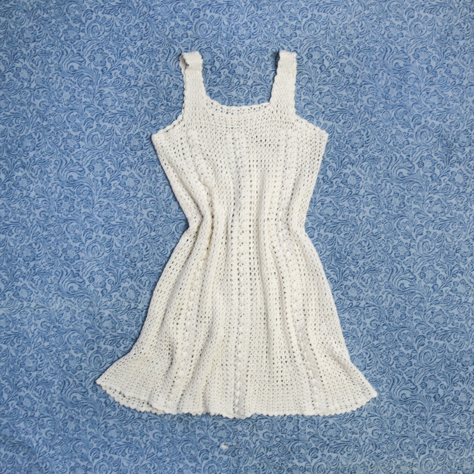 60s 70s Vintage S / M Granny Crochet Dress Cream White 100% Cotton Boho Festival
