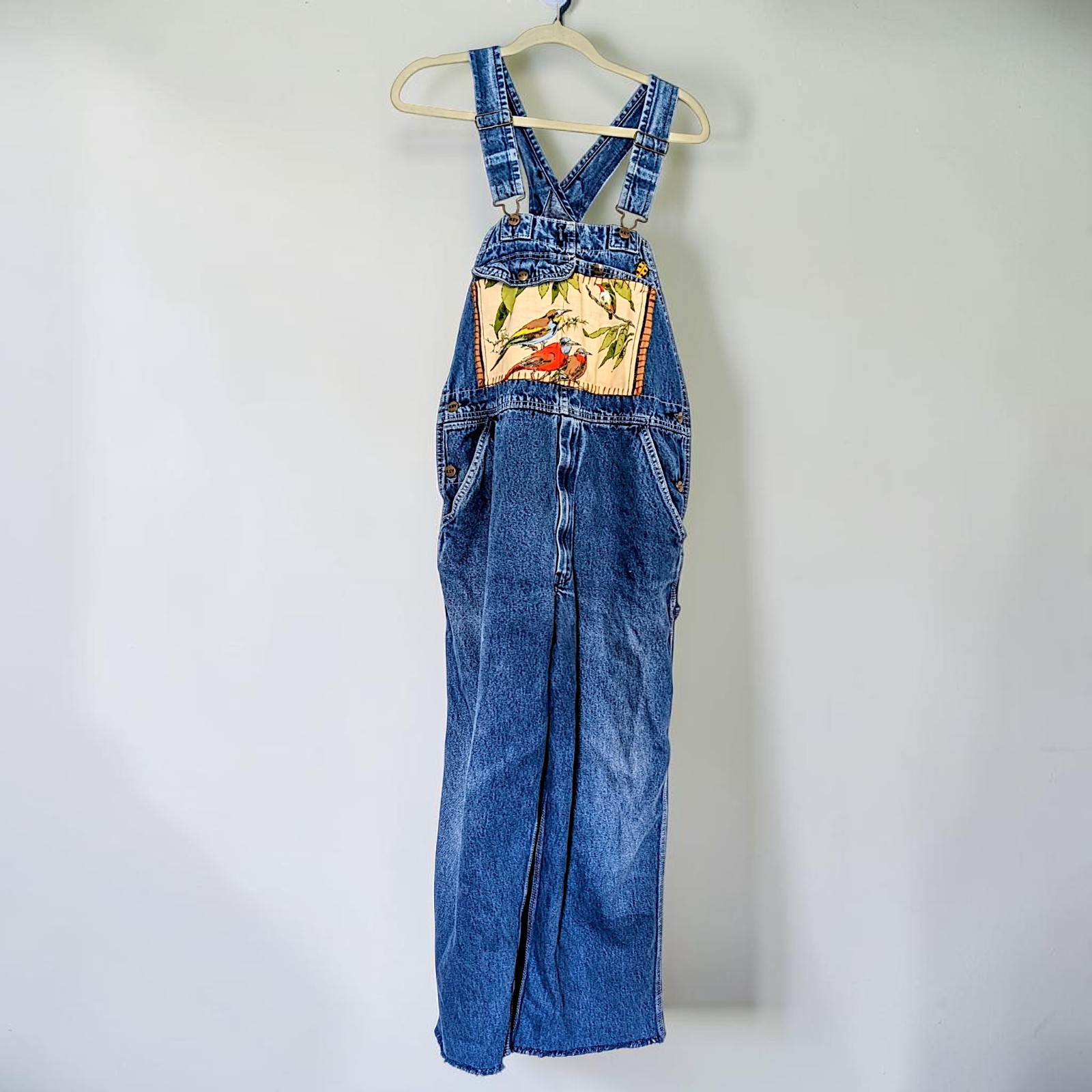 VTG 90s Key reworked birds botanical patchwork fairy cottage grunge overalls M/L