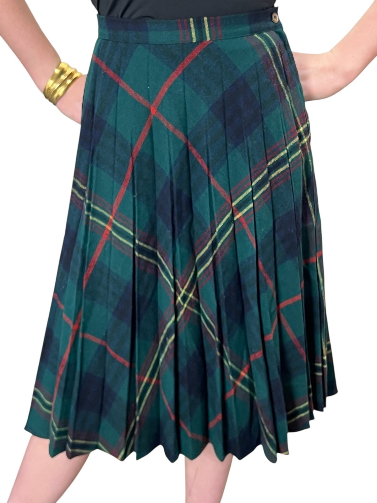 Sz XS~S Vtg 70s Wool Plaid Skirt Bias Cut Sunray Pleats Green Red blue Yellow
