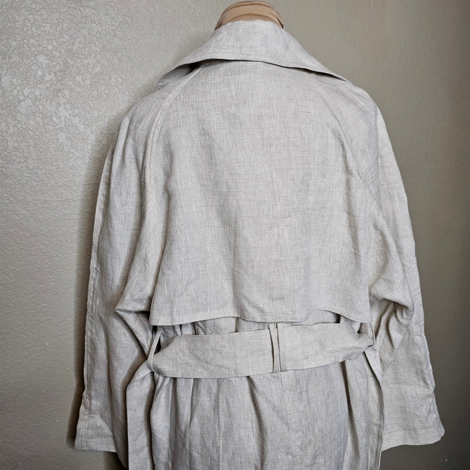 NWT Mango 100% Linen Trench Coat Oatmeal Beige Longline Belted Duster XS S M