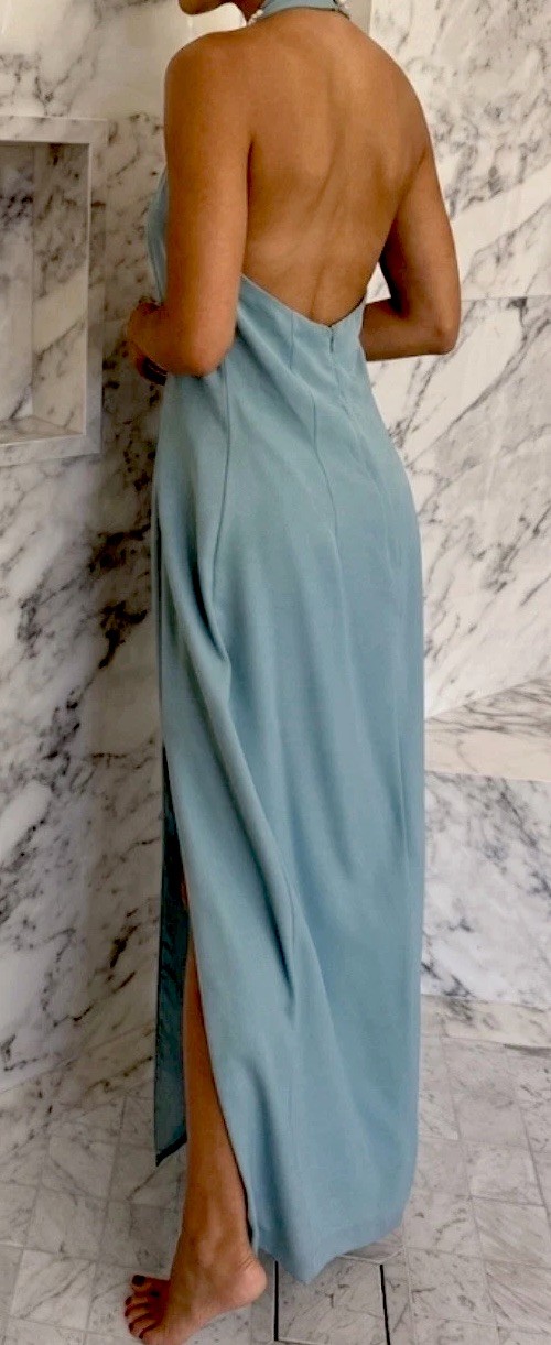 Vintage Roberta Seafoam Blue Halter Evening Gown Beaded Lace Slit Dress 11/12