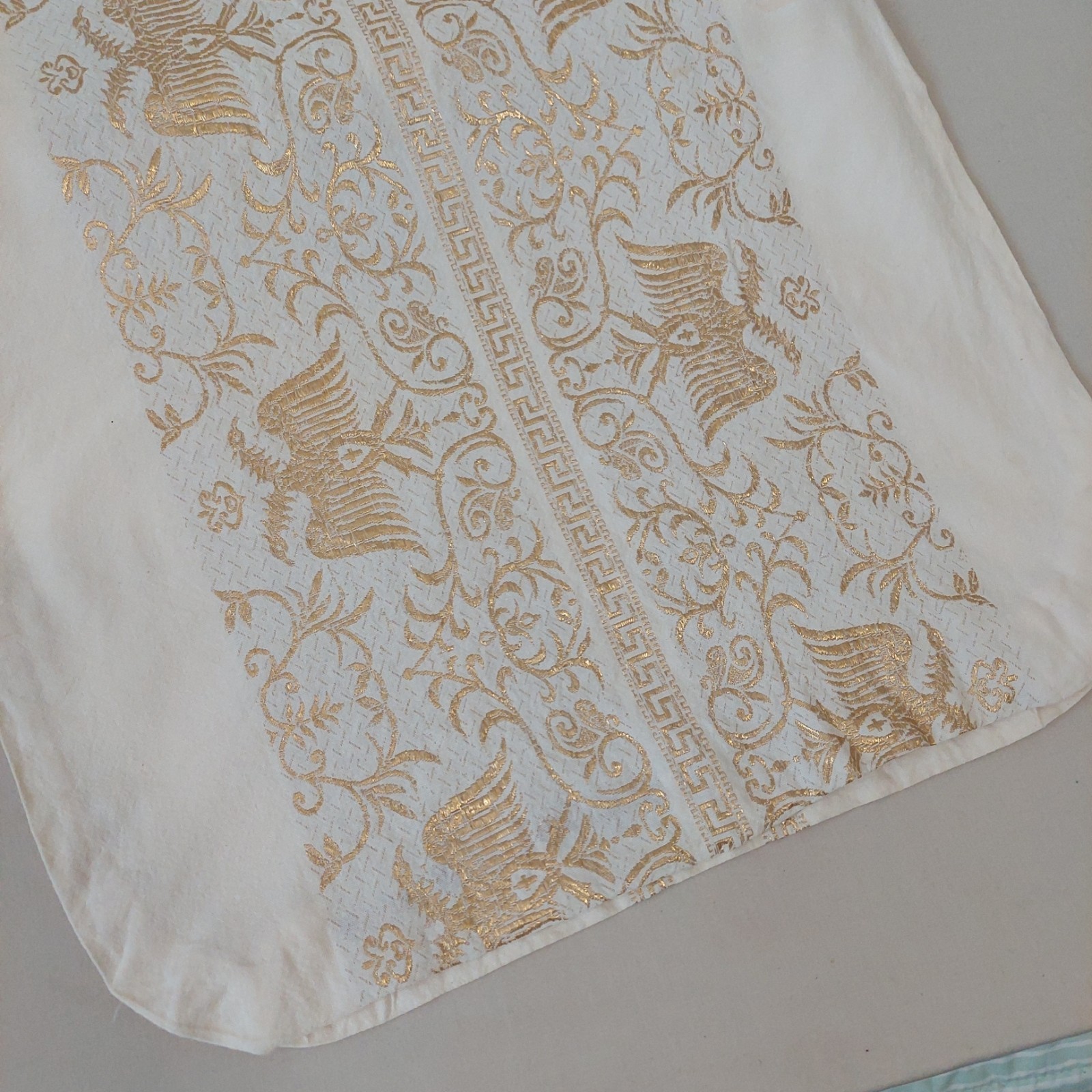 Vtg El Greco Tsitsibacos Bros Greece Caftan Dress Ivory Gold Byzantine Eagle SM