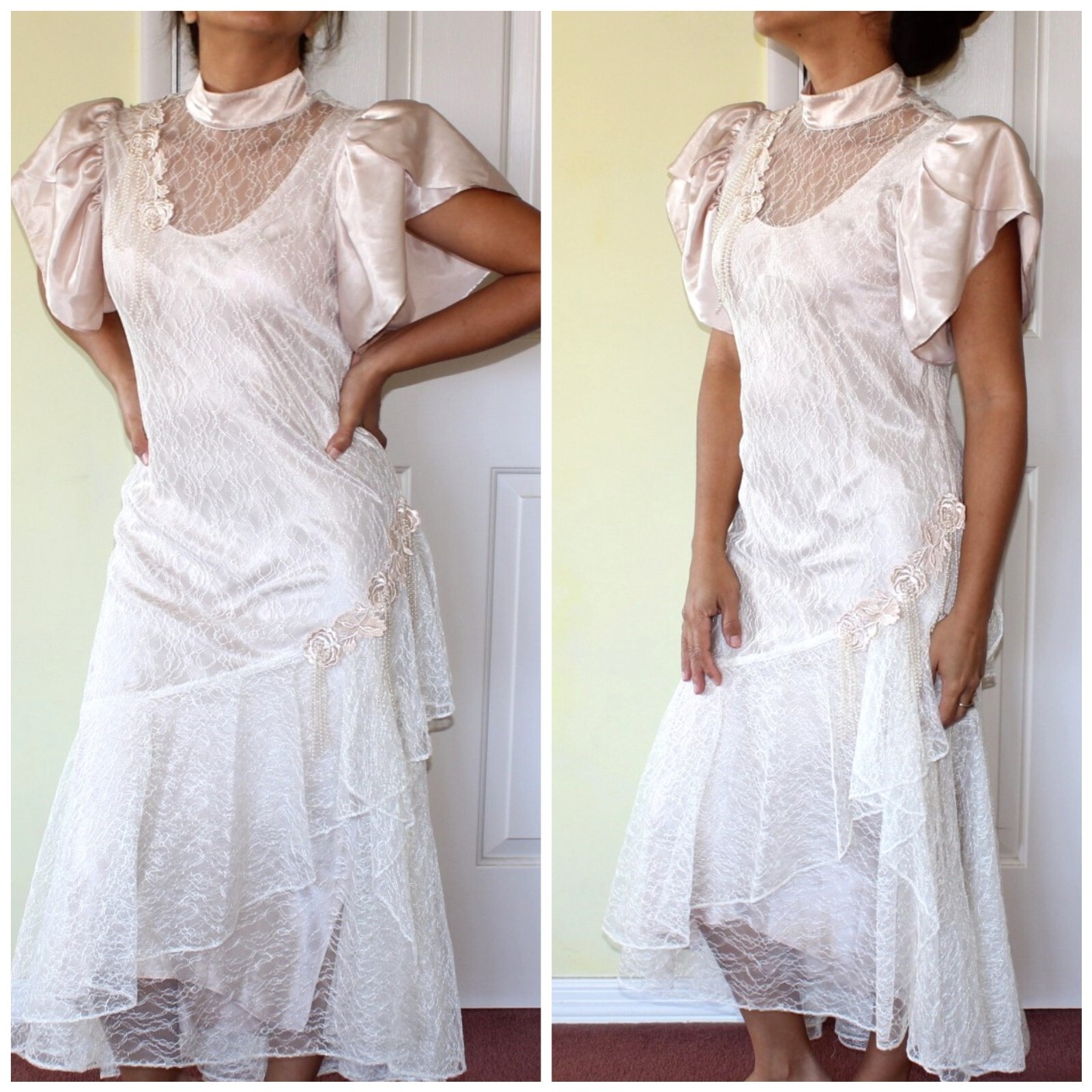 Vtg Cachet by Bari Protas Midi Lace Dress Floral Beaded 9/10 Champagne Victorian