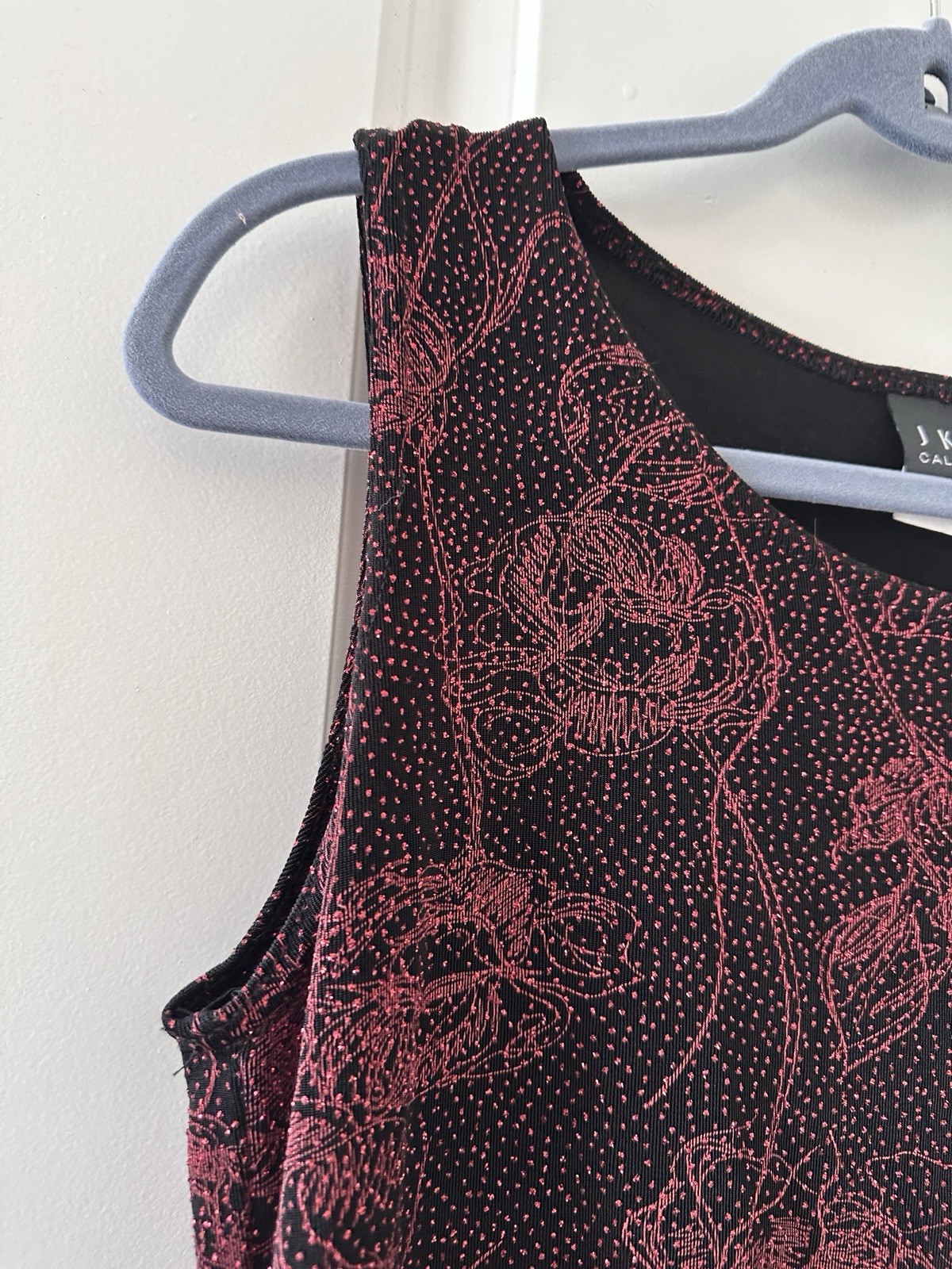 Vintage 90s JKLA Black & Red Glitter Floral Slinky Tank Top Women’s Sz Med Party