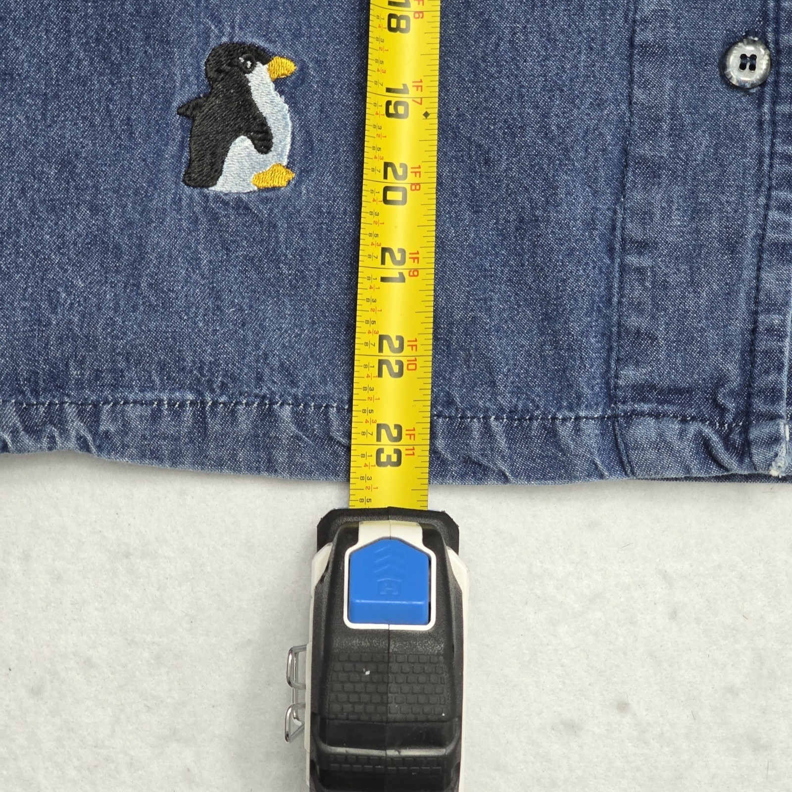 Tagwear Worldwide Vintage Blue Denim Penguin Embroidered Button Down Shirt Med