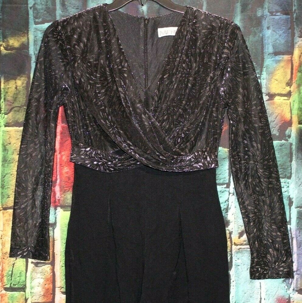 Vintage Menu Black One Piece Jumpsuit Long Sheer Sleeve Wrap Front Size 6 Party