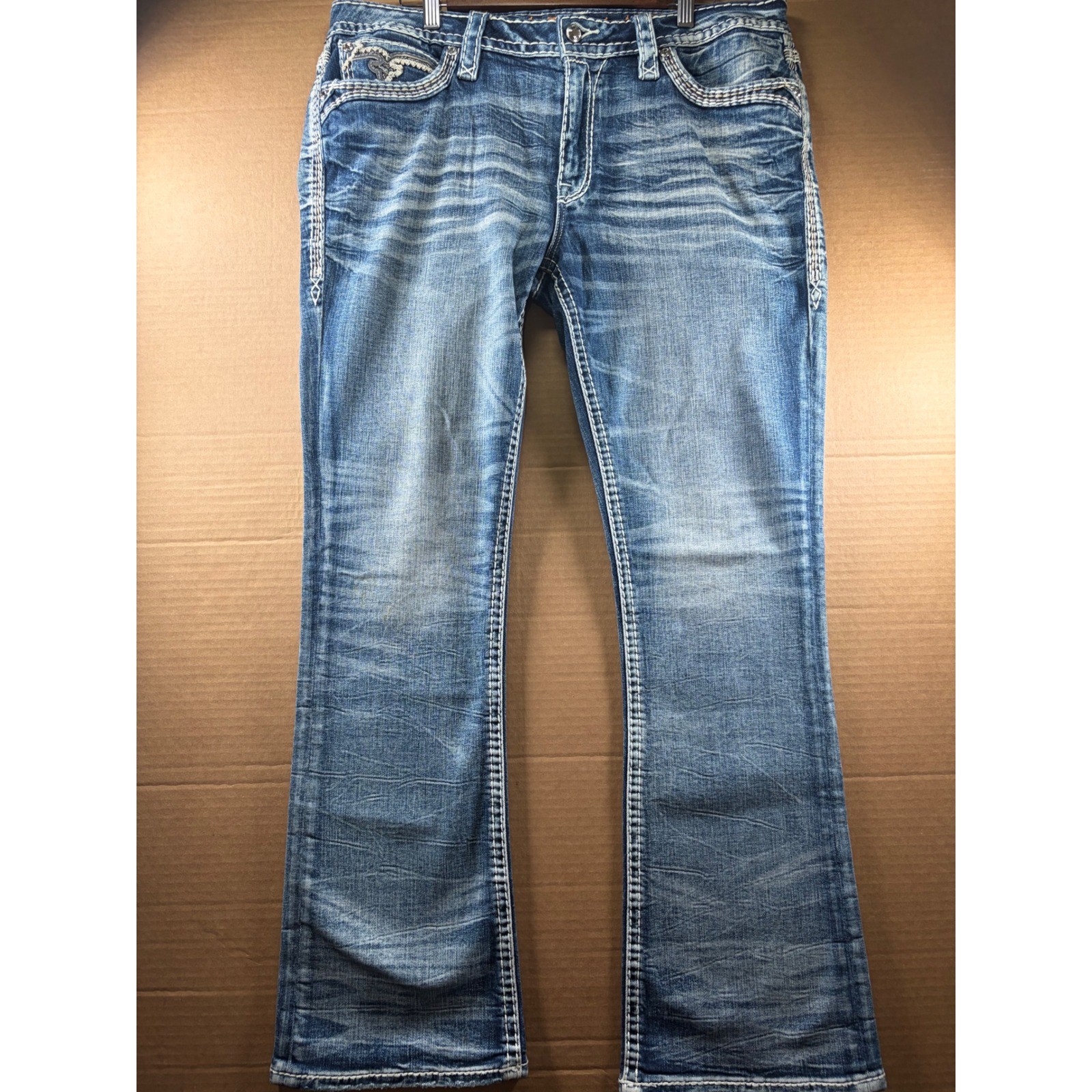 Rock Revival Hee Boot Jeans Womens 36×30 Blue Thick Stitch Flap Pocket Denim
