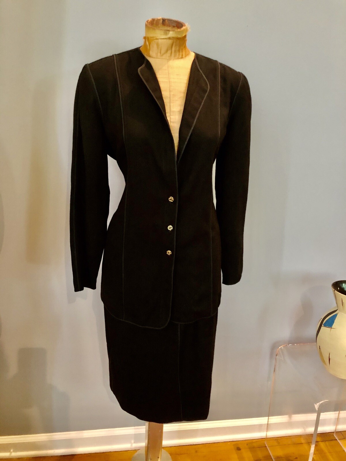 Geoffrey Beene Black Wool Jacket & Pencil Skirt Suit Military Edwardian Piping