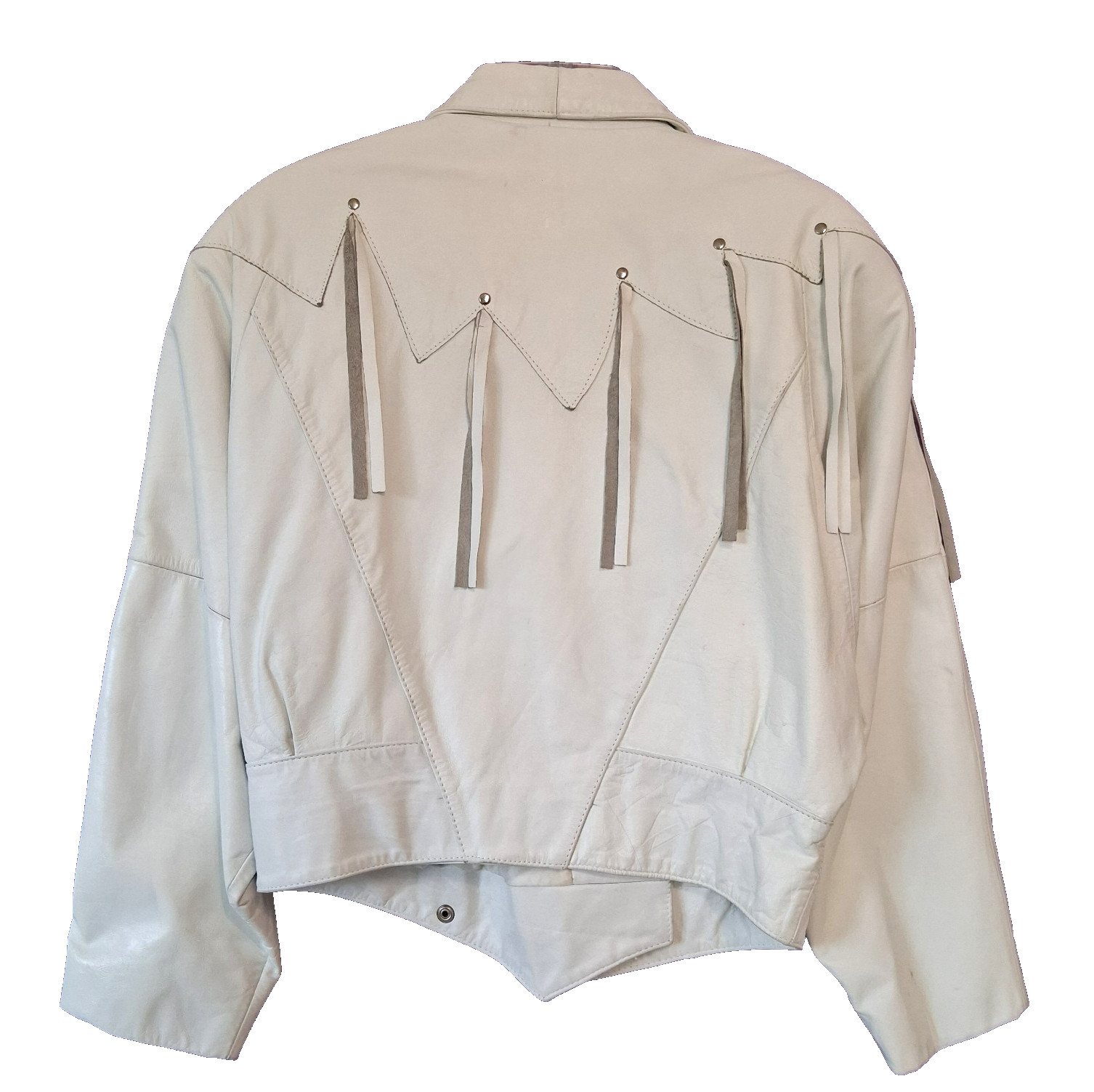 VTG Wilsons 1980s White Leather Jacket Womens S Western Cowgirl Fringe Yoke Crop