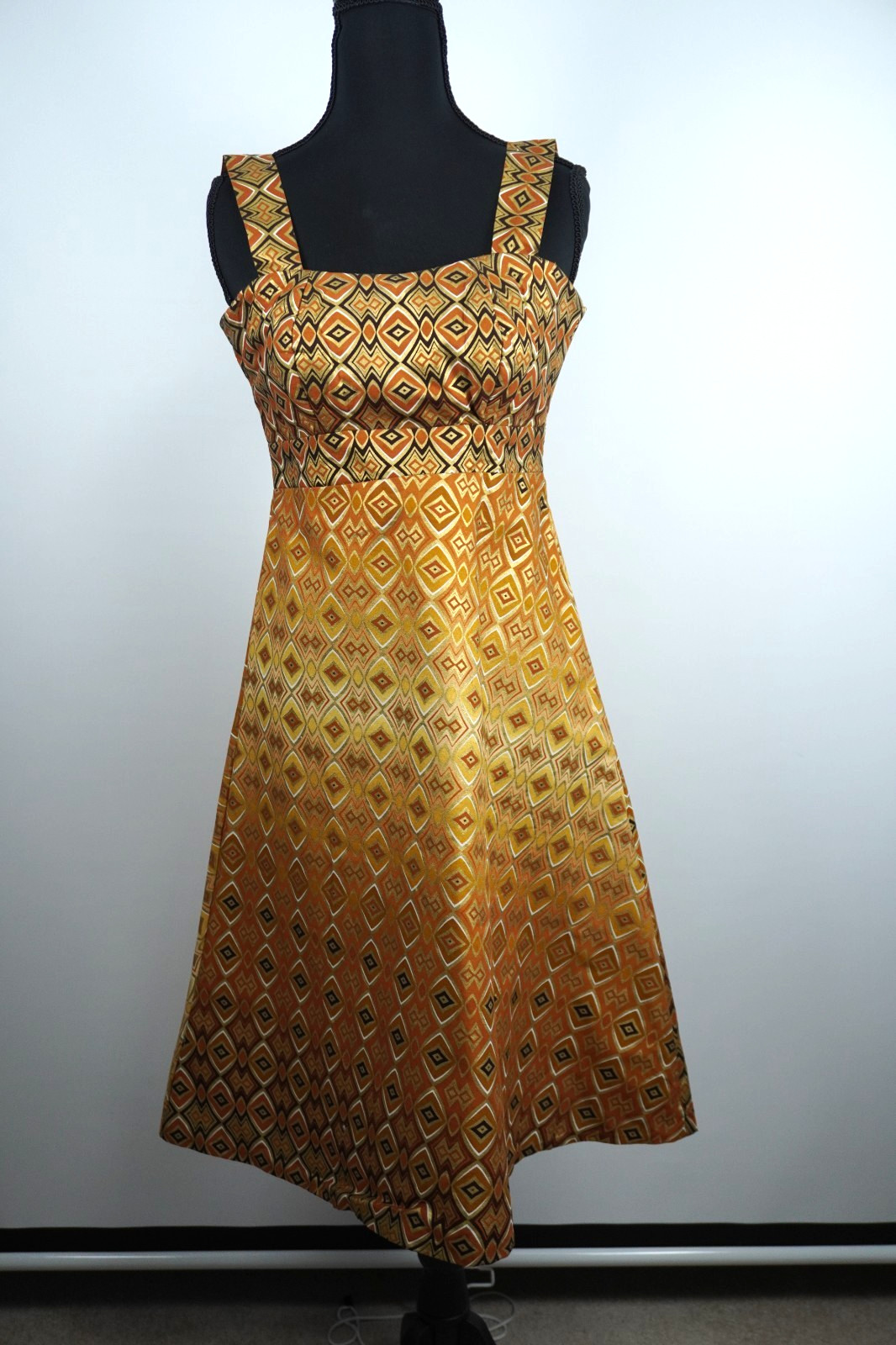 Retro 1960s Dress XS gold and brown boho retro empire style handmade Geometric