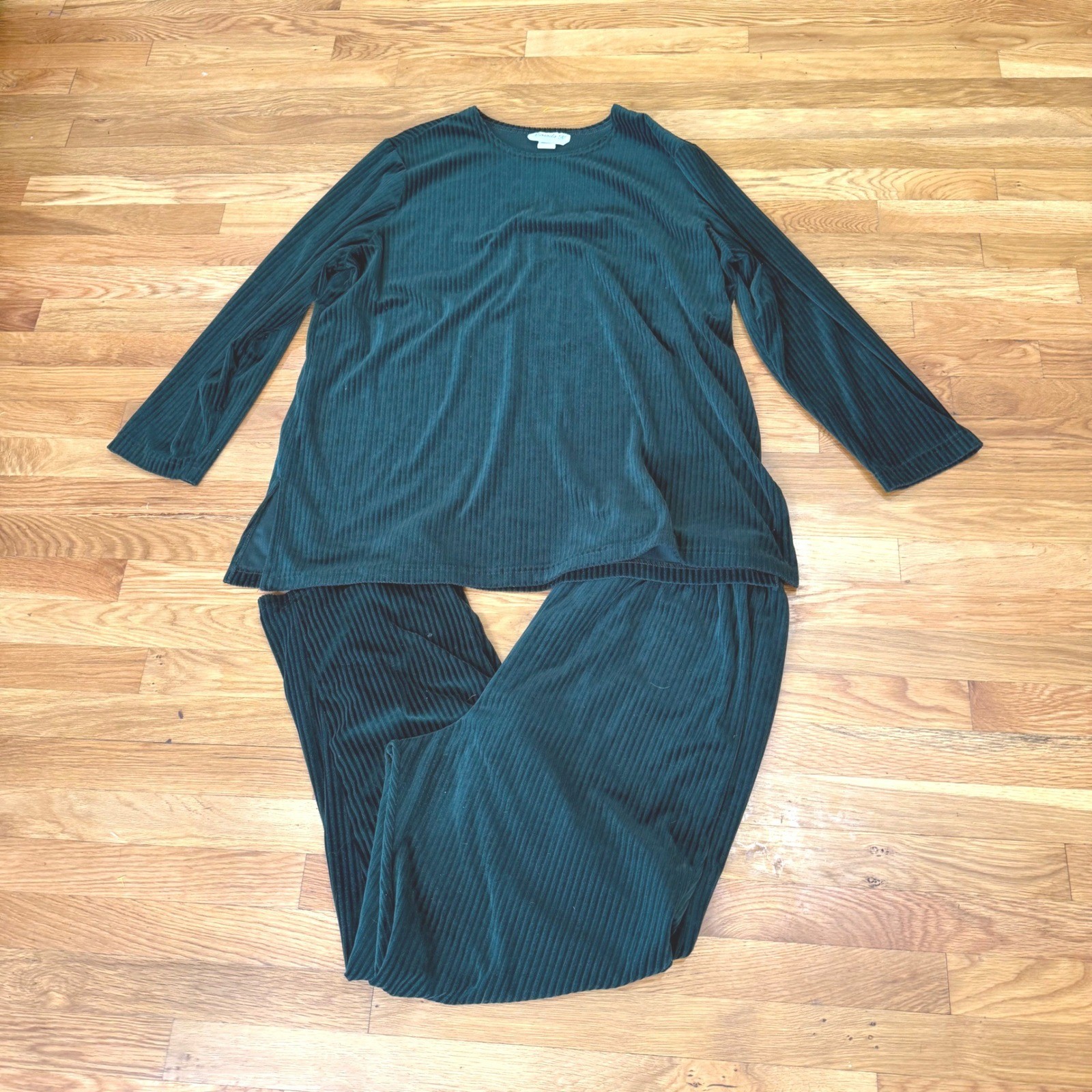 Miranda K Vintage Forest Green Ribbed Velour Lounge Set 2 Piece Plus Size 20W