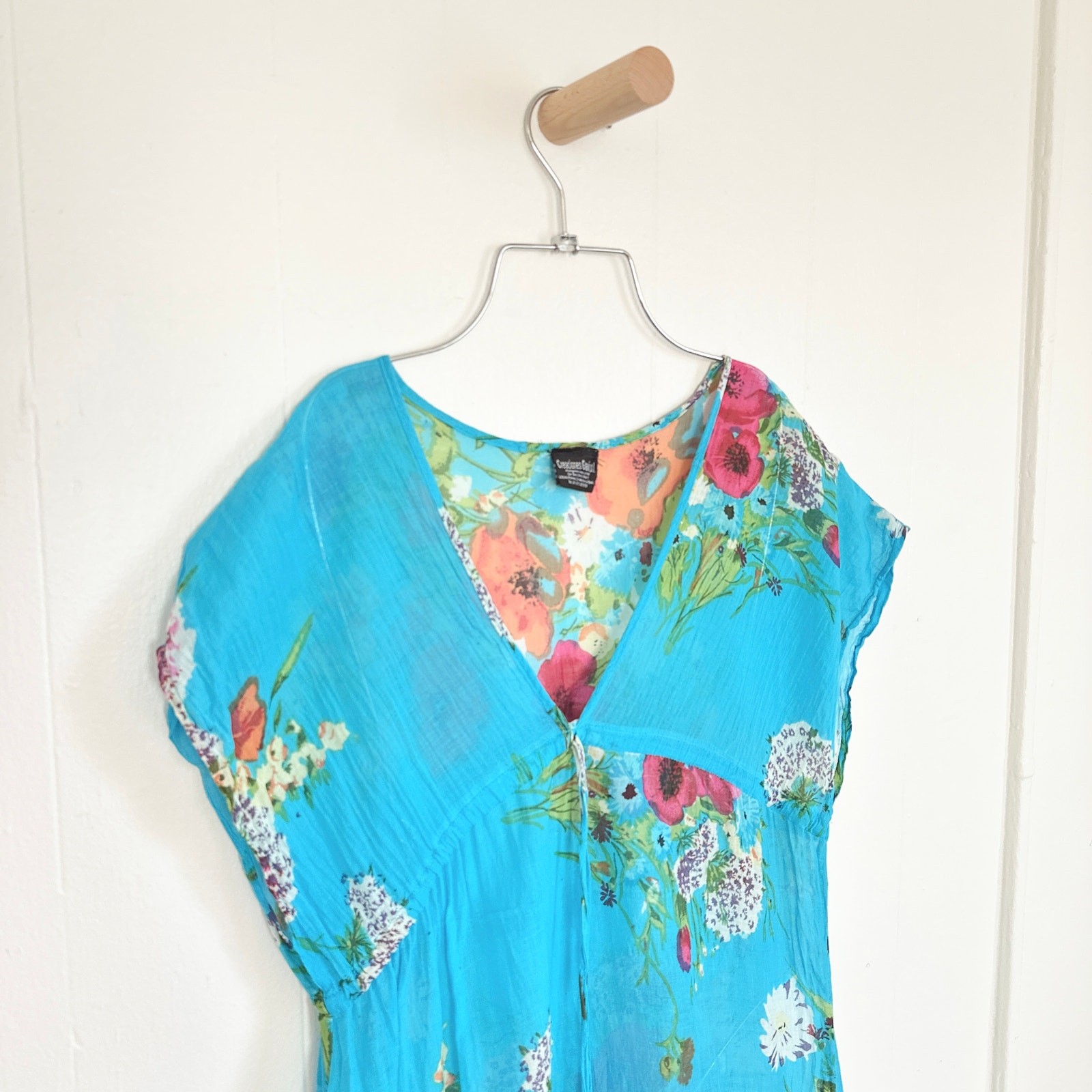 90s Thai Artisanal Dramatic Drop-Shoulder Tunic Dress Electric Turquoise Cotton