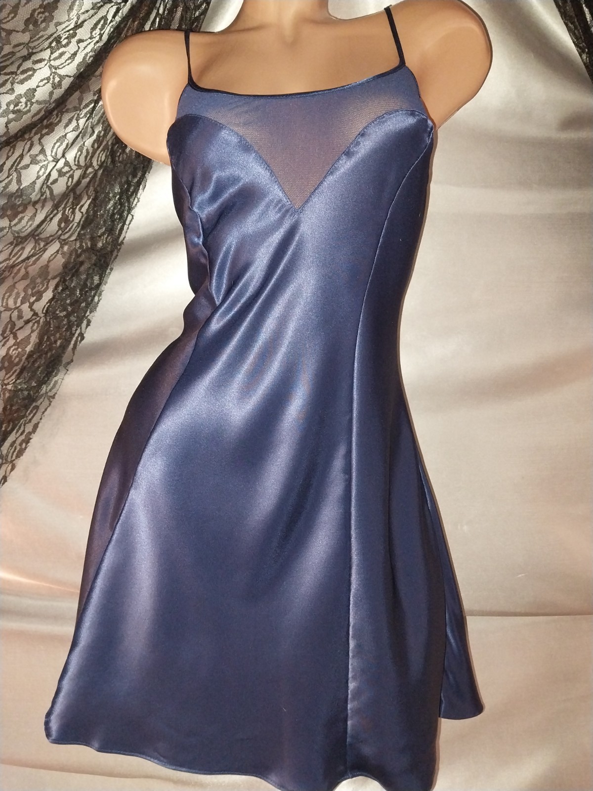 VTG SATIN SHINY IMPORT BLUE GLAM SLIP DRESS NIGHTGOWN BABYDOLL VAK MODE 80S M