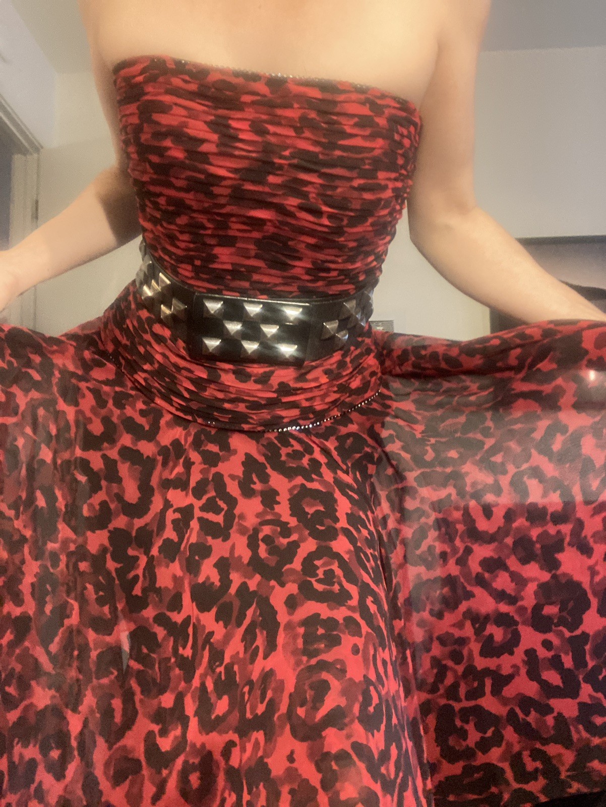 Lillie Rubin Vtg animal print 80s chiffon ruched red black rhinestone dress mini