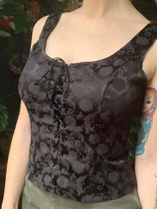 Vintage Frederick’s of Hollywood Black Jacquard Lace-Up Bustier Corset Top Sz L
