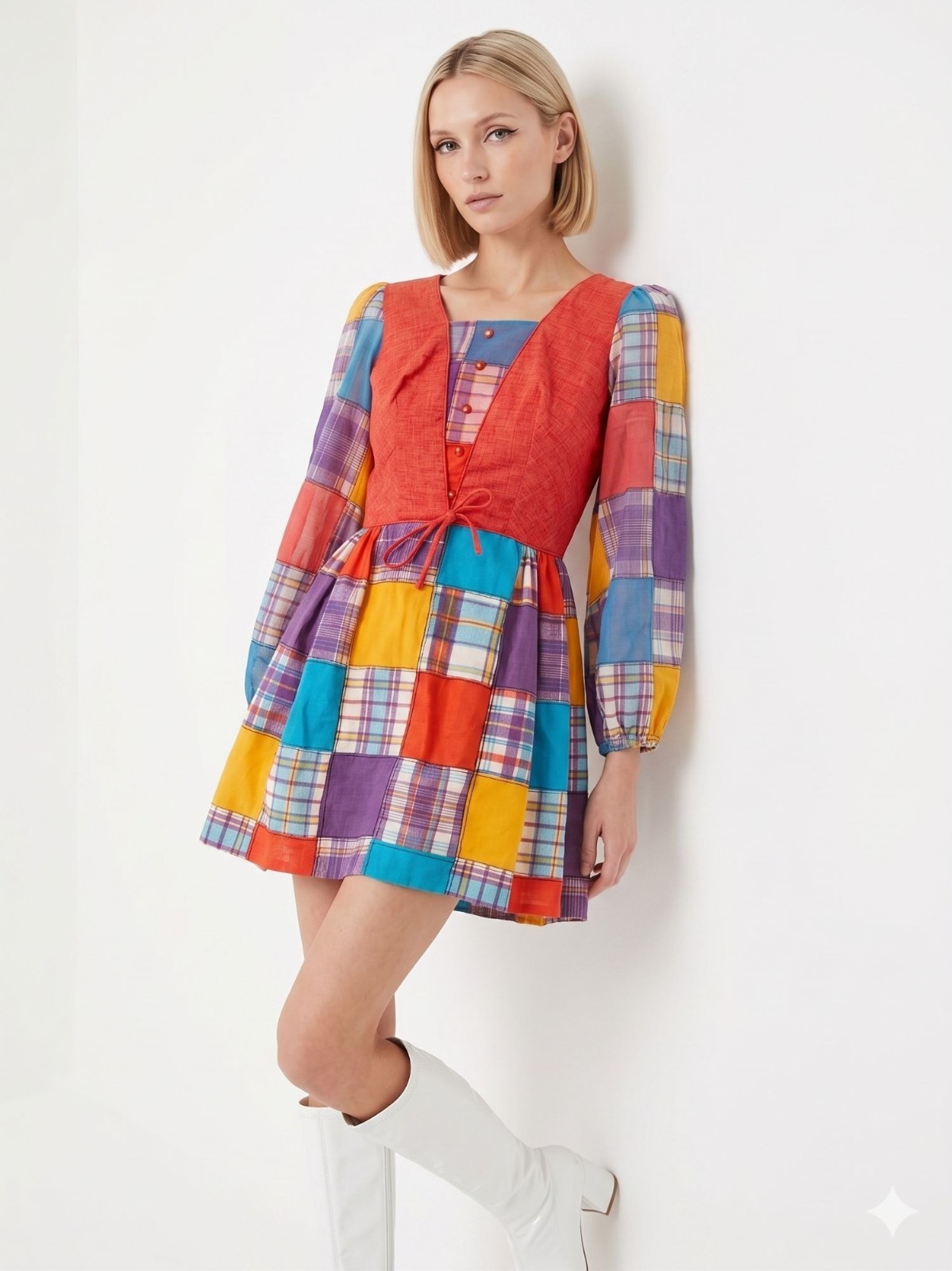 Vintage 70s Patchwork Plaid Micro Mini Dress Faux Vest Red Babydoll XXS/XS