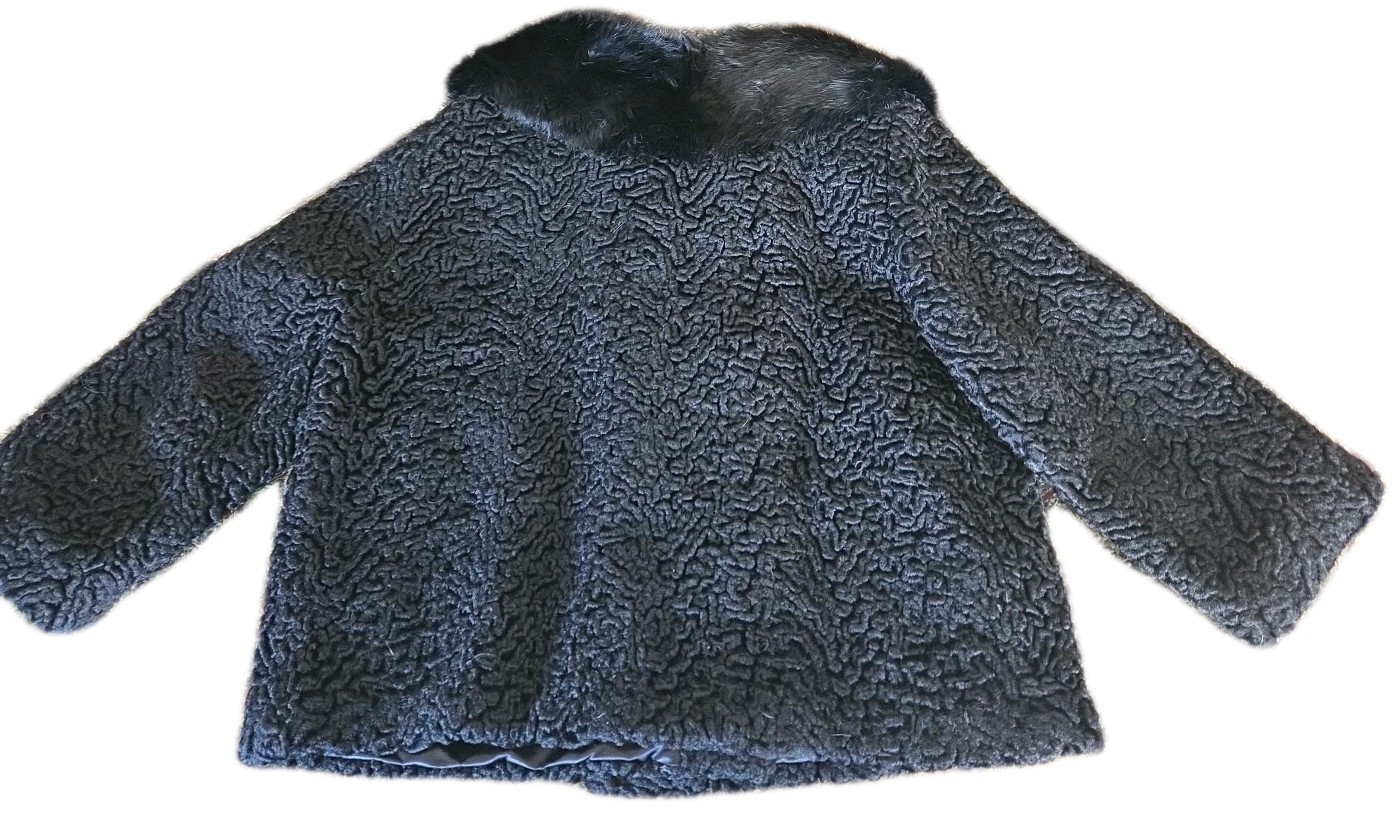 Vtg Anthony Rao Coat M Black Curly Lambs Wool w Real Fur Collar 50s 3/4 Sleeve