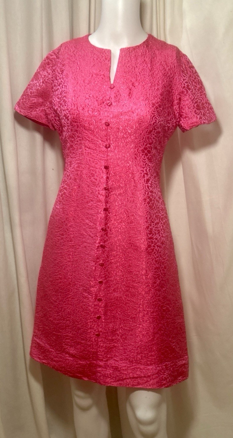 Vtg 50s 60s Handmade Hot Pink Jacquard Mod Go Go Cocktail Shift Mini Dress SZ S