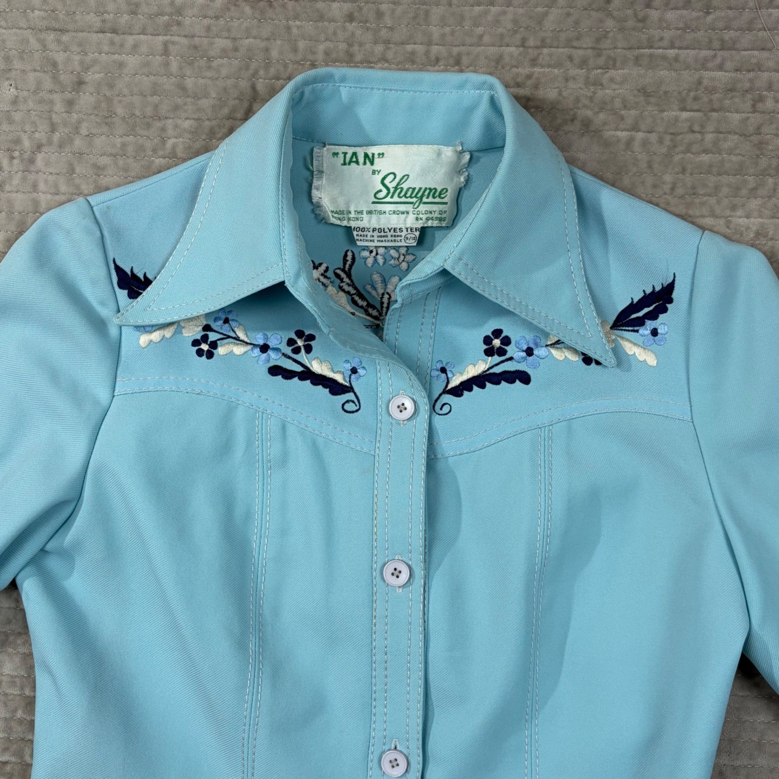 Vintage Ian by Shayne Blue Embroidered Western Shirt 70s Floral Button Down 9/10