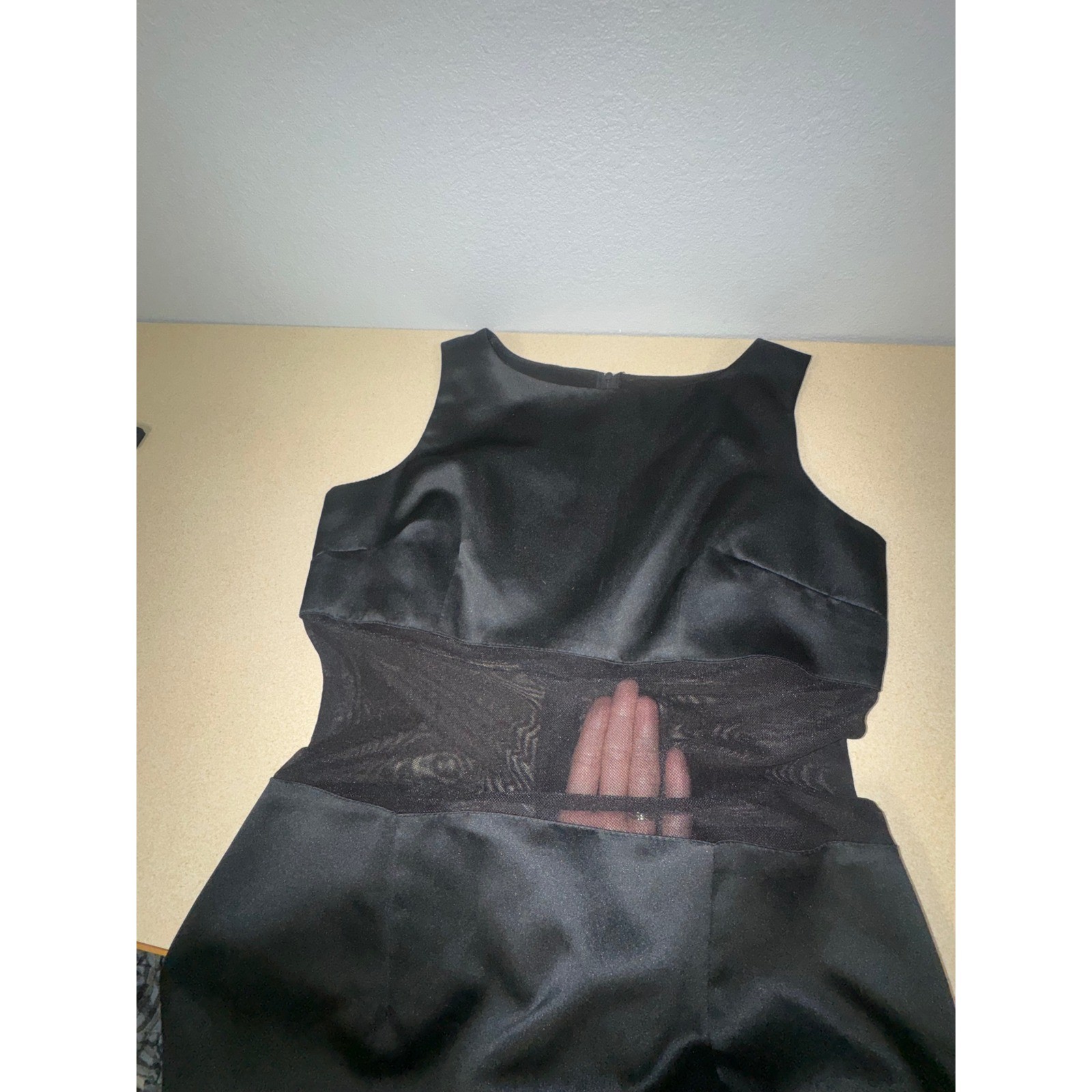 Vintage Jay Jacobs Black Satin Mesh Midriff Mini Dress Sleeveless USA Made 11/12