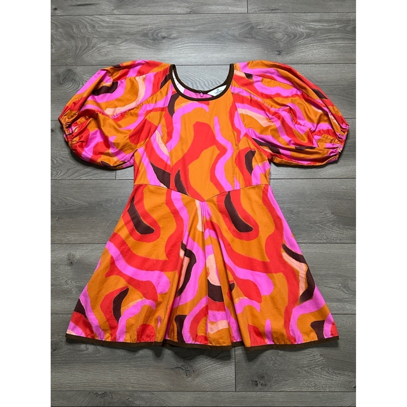 LaRoque Juliette Retro Mini Pocket Dress Puff Sleeves Orange Pink Groovy Medium