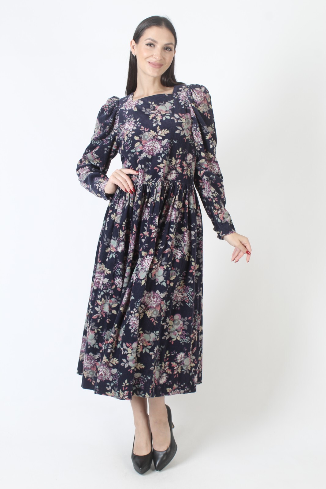 Vtg 80s Laura Ashley Corduroy Dress Floral Farm Cord Pockets Prairie Midi 12 10