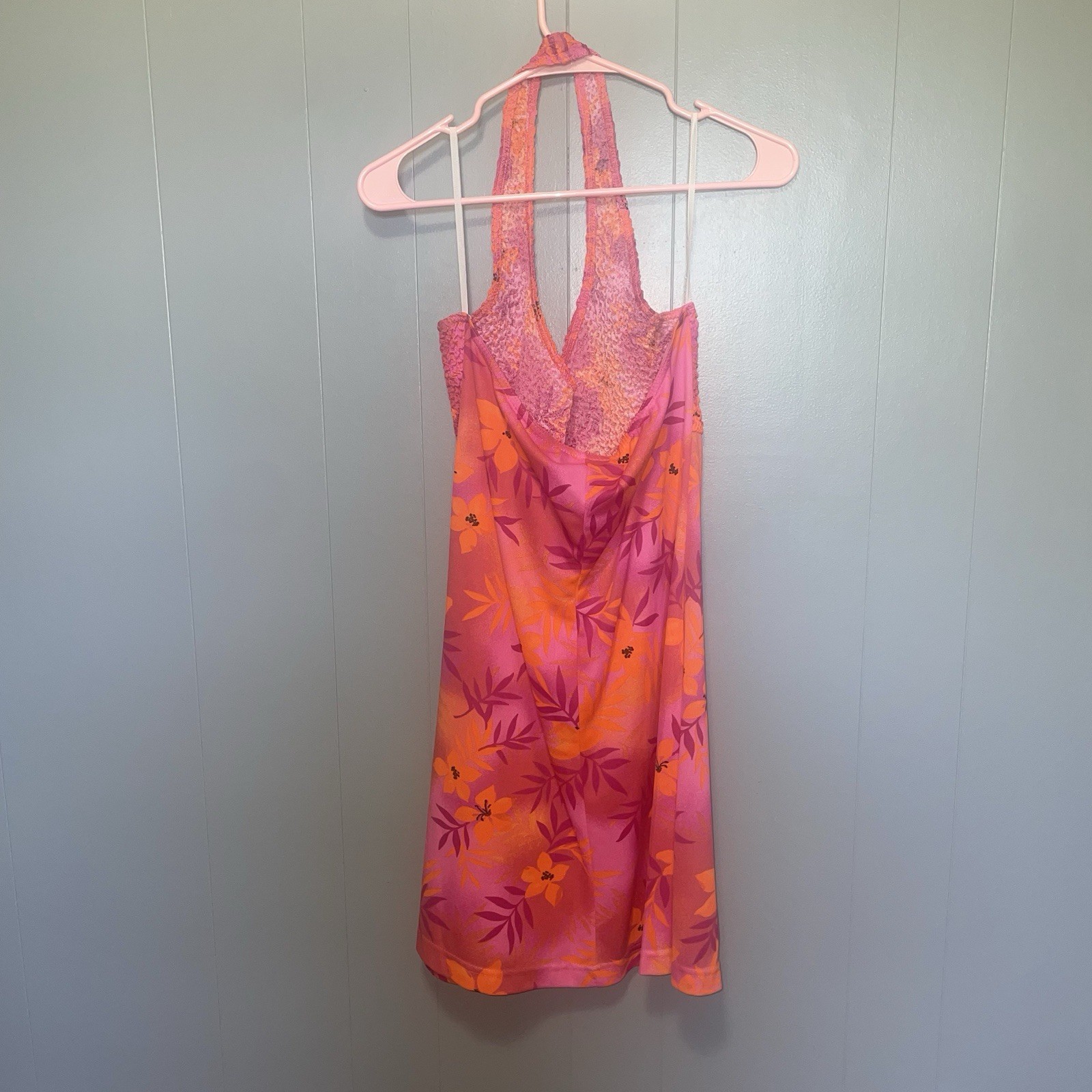 Vintage Giorgio Fiorlini Pink and Orange Hawaiian Flower Halter Neck Dress Med