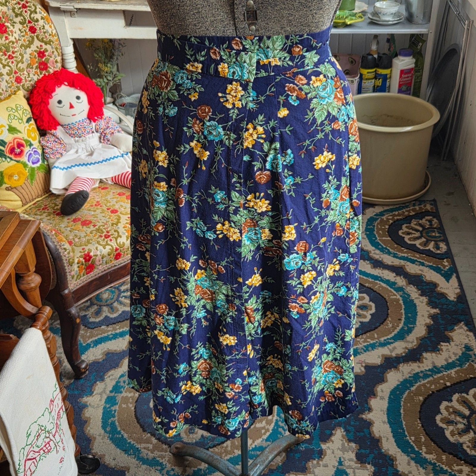 Vintage 1980s Village Square Floral Wrap Skirt Cottagecore Navy Size Small