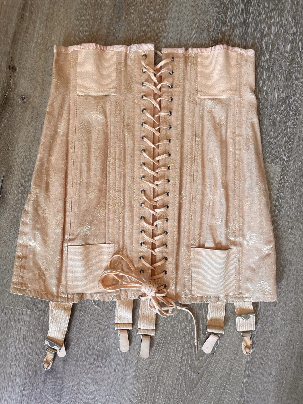 Vintage 1920s Pink Brocade Lace Up Open Bottom Girdle Garter Corset 28”?