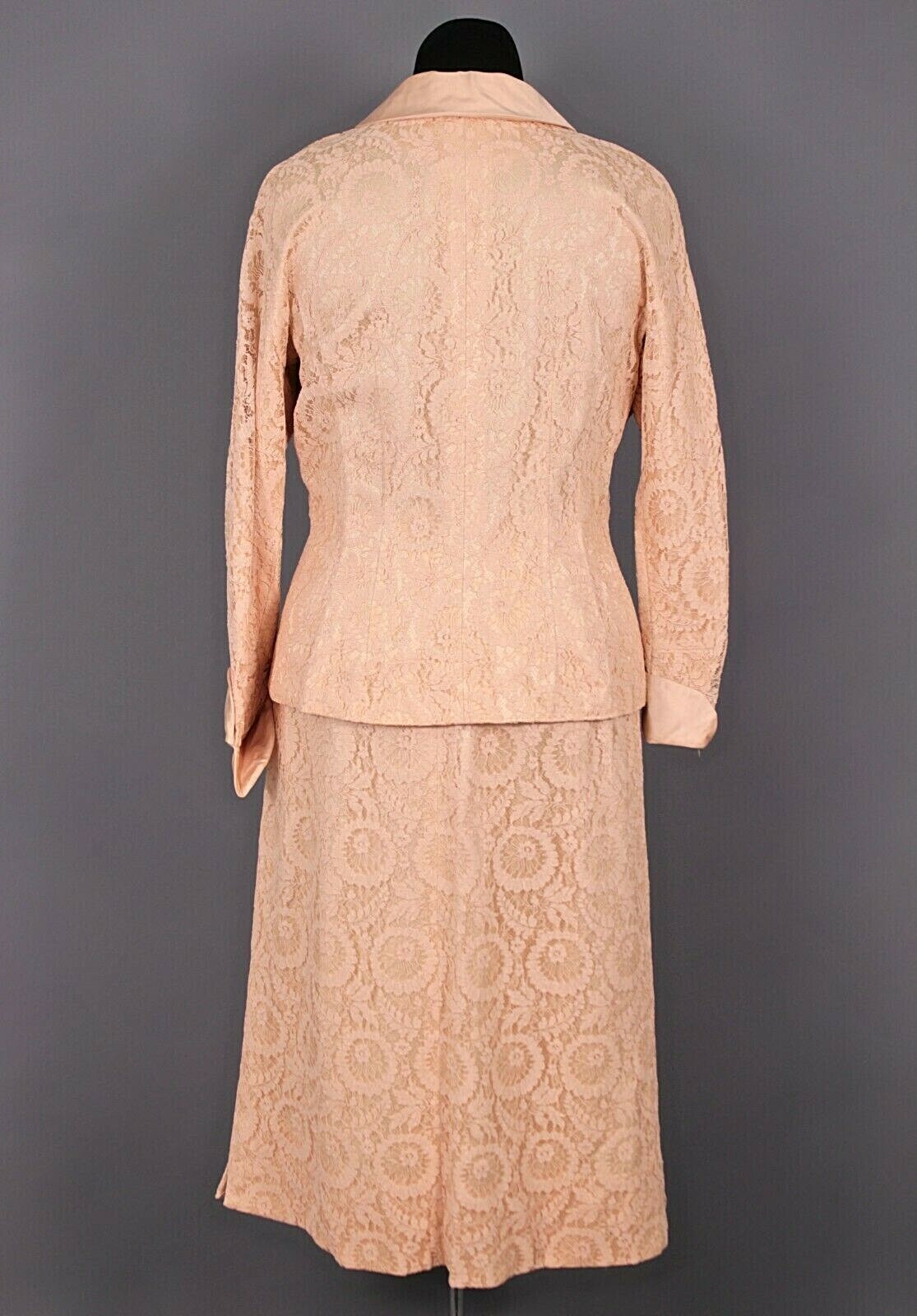 VTG Women’s 60s Light Pink / Beige Lace 2 PC Skirt Suit Sz L 1960s Outfit Set