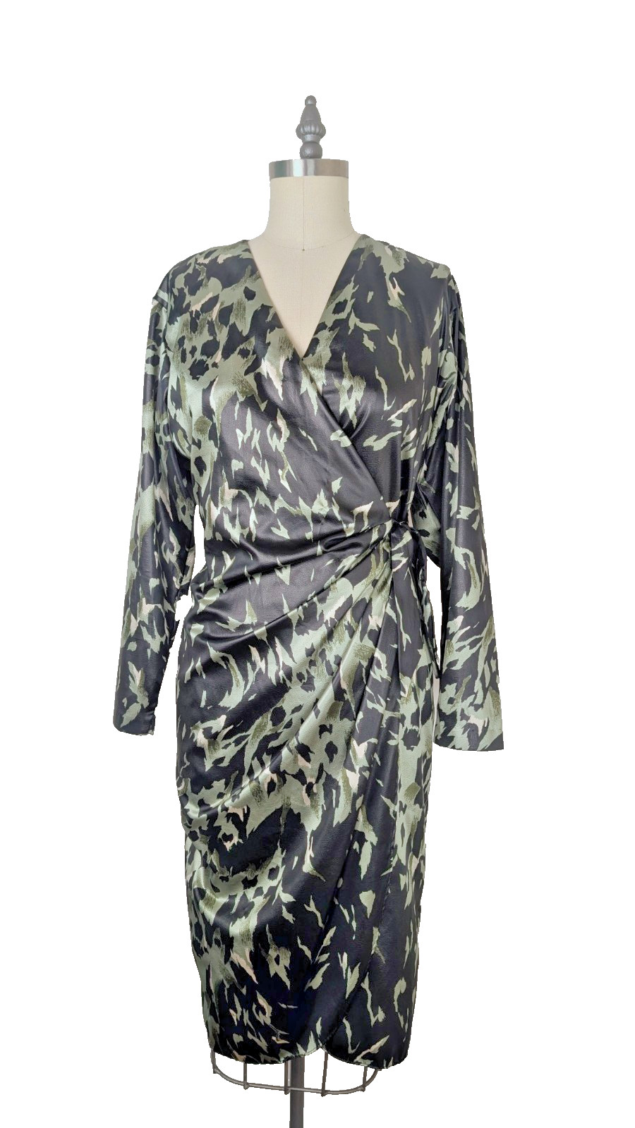 Vintage 80s Wrap Dress Miss Oops California Power Dressing Green Satin