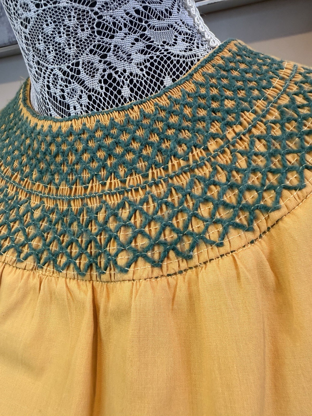 Vintage Avalo Small Mustard Yellow Smocked Crochet Boho Blouse Cottage Core Top