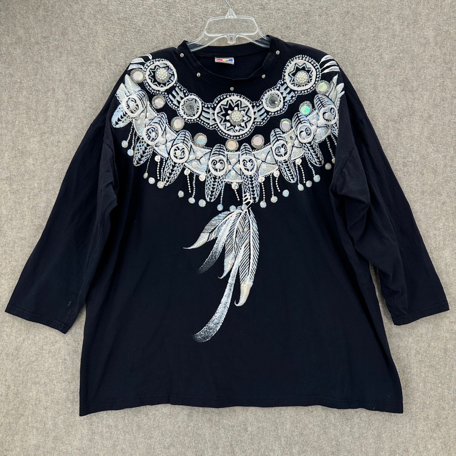 VTG Black Paint Embellished Long Sleeve T-Shirt Feather Southwestern Boho Dolman