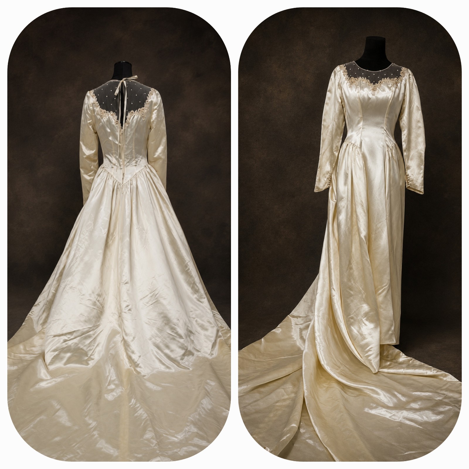 Vintage 1940s Mindelle Ivory Liquid Satin Beaded Wedding Dress Bridal Gown Train