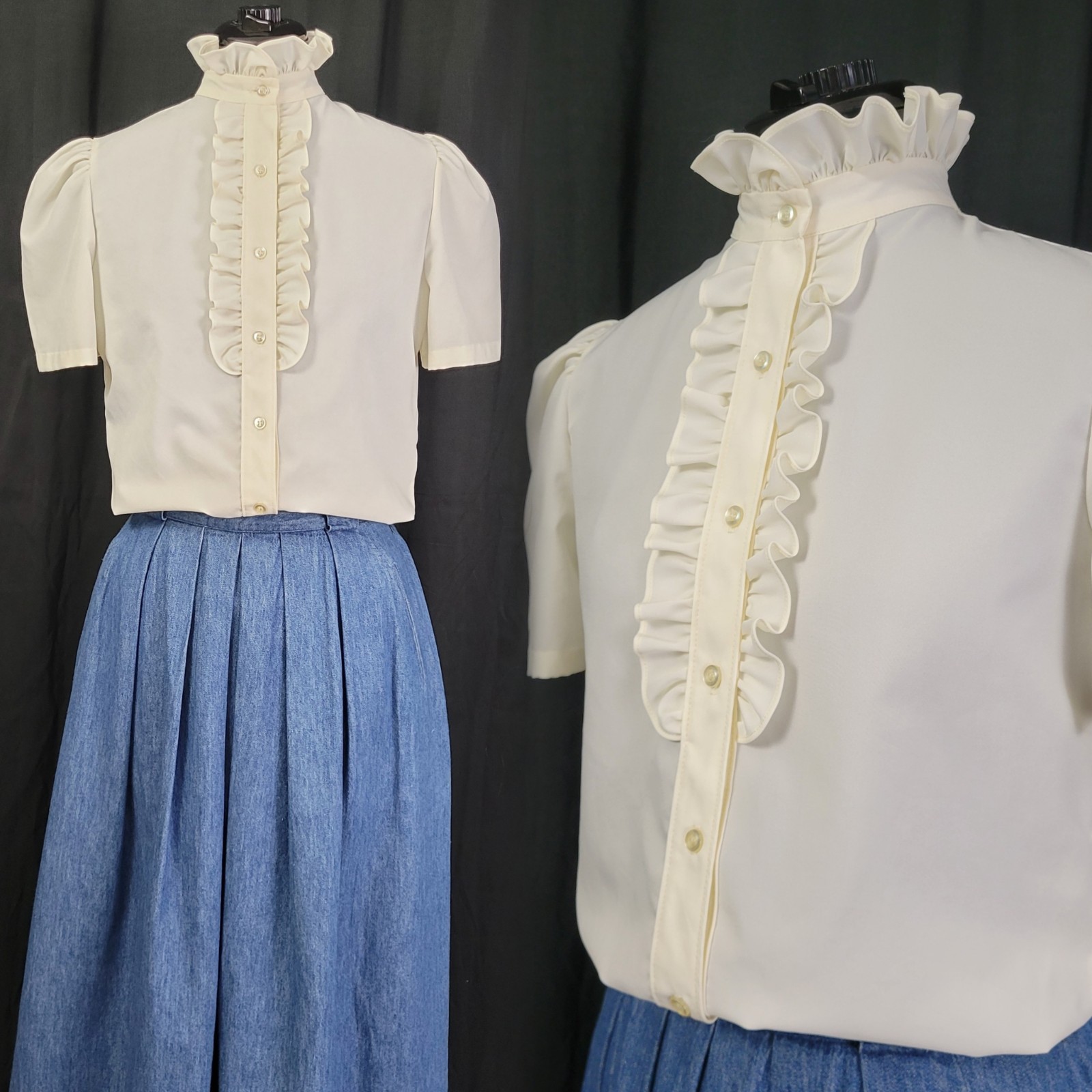 Vintage Lucky Winner Ivory S/S Blouse w Ruffled Collar & Placket Size 9/10