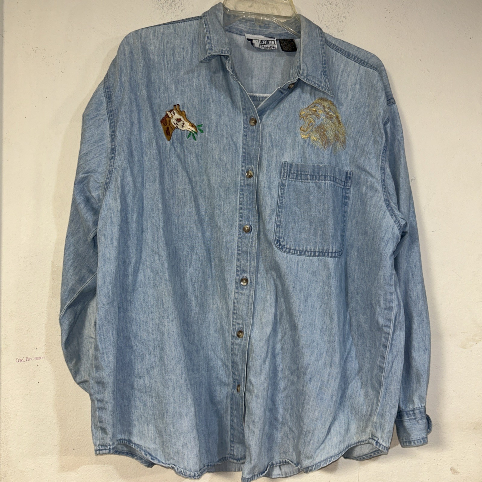 Vintage 90s Infinity Fashions Shirt Denim Giraffe, Jungle Embroidered Women L