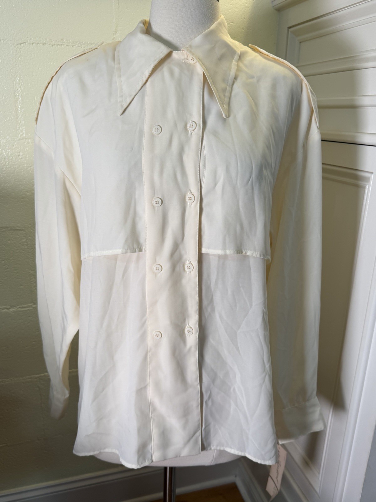 Helen Fabrikant Blouse NOS Size 16 Ivory Secretary Shirt Double Breasted USA 80s