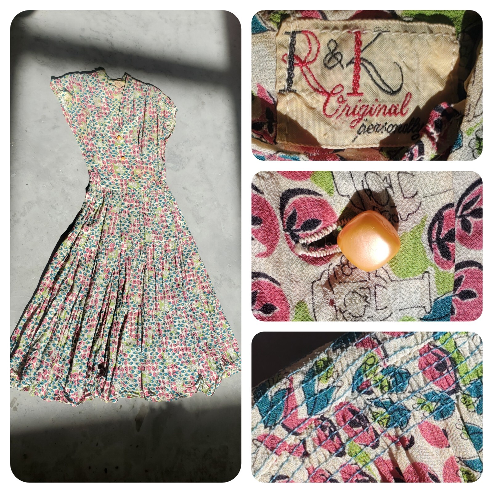 Vintage 40s R & K KNITS Rayon Pink Teal Floral Dress Tiered Ruching ART DECO XS
