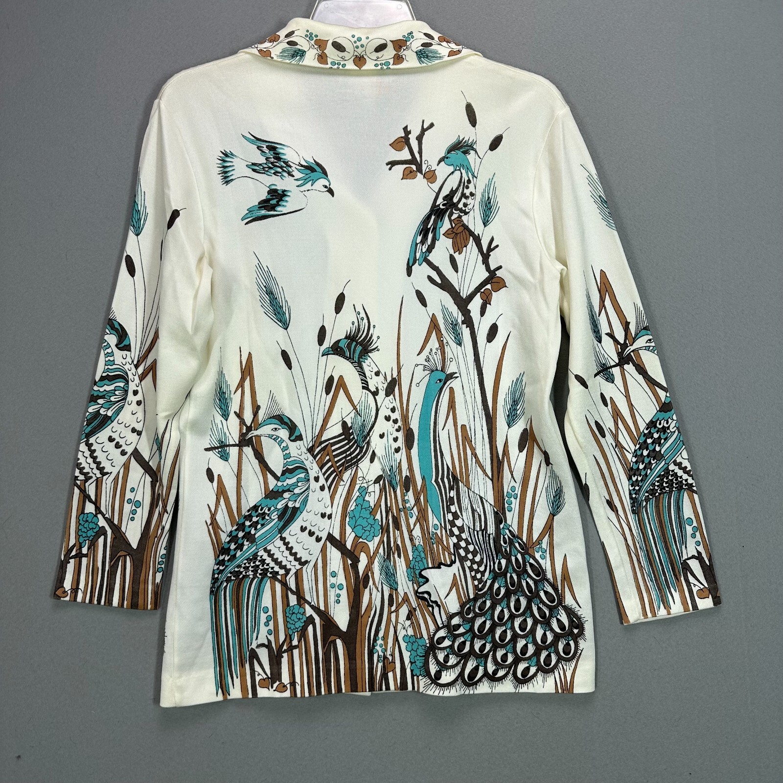 Vintage 70s Disco Shirt Womens M Polyester Peacock Feathers Teal Fall Holiday